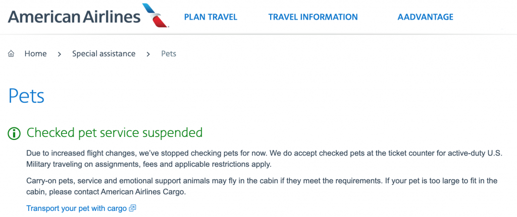 American Airlines Pet Covid Policy